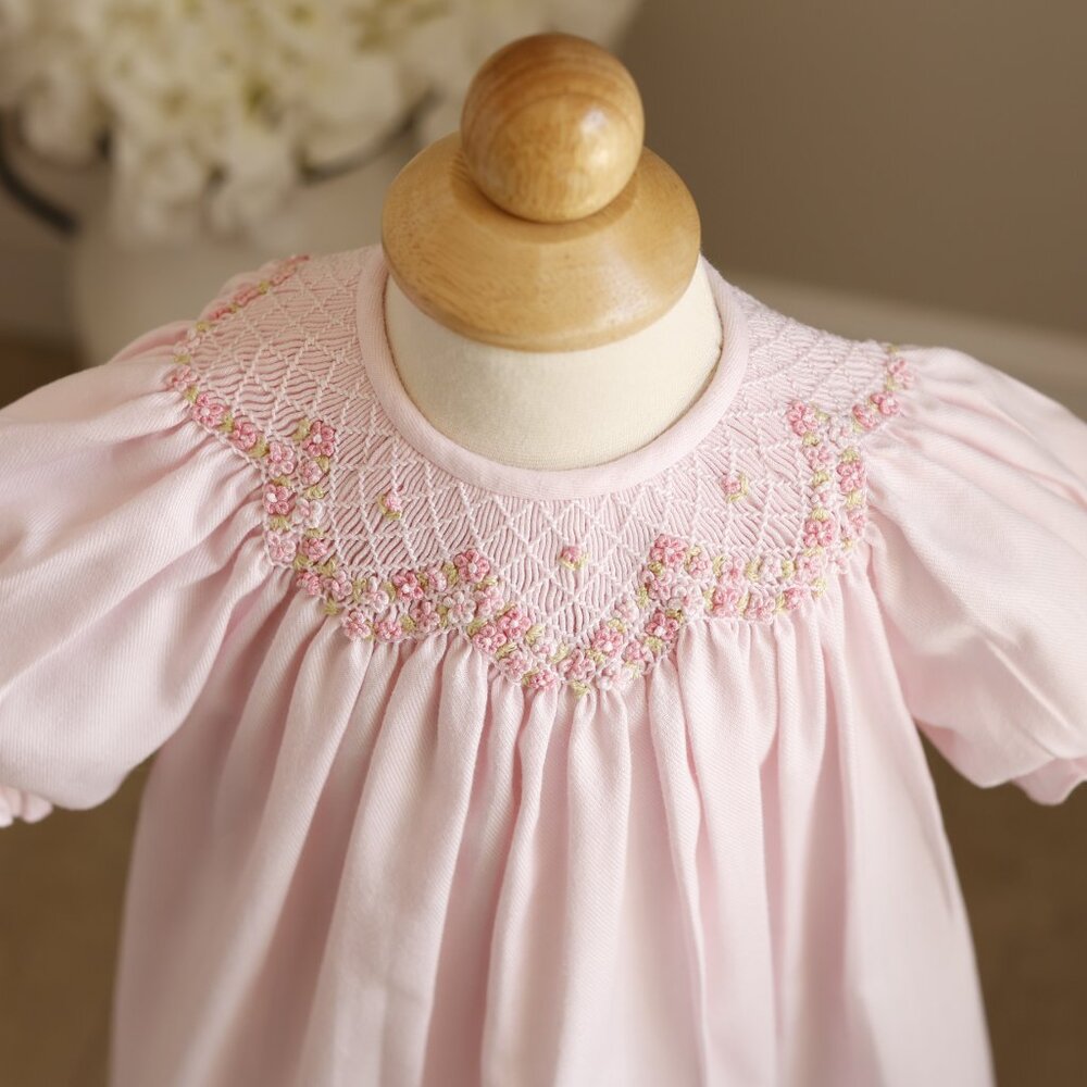 Pink Smocked Bishop Dress and Bow Set Size 6/9 Months Floral Embroidery - Picture 3 of 5